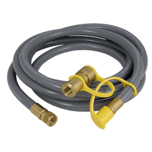 Gray coiled gas hose with brass fittings and yellow connector, ANSI Z21.54 certified.