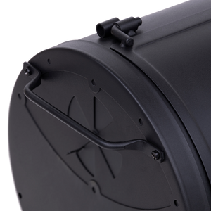 Black portable grill with carrying handle and foldable legs.