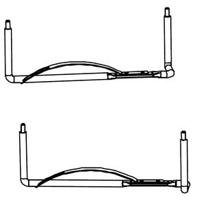 Portable folding laptop stand with adjustable arms and curved support.