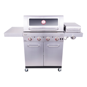 Silver Ampfire Signature gas grill with four burners and side burner.