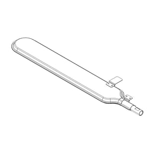Slim, elongated metal heat exchanger with mounting brackets and connector, shown in a technical line drawing.