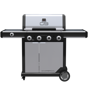 Black and silver Char-Broil commercial-grade gas grill with four control knobs.