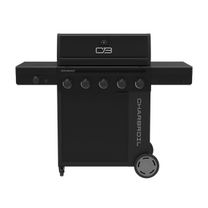 Black Char-Broil Performance Series gas grill with four burners and wheels.