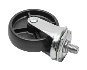 Black plastic caster wheel with metal bracket and threaded stem for easy furniture or equipment mobility.