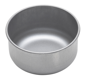 Round, silver metal bowl with smooth sides and a flat base. Ideal for mixing or serving. Simple, minimalist design.
