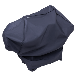 Dark blue outdoor grill cover with brand label.
