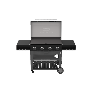 Black Char-Broil gas grill with four burners and side shelves.