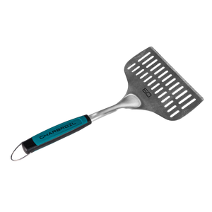Teal and black Char-Broil spatula with perforated head and hanging loop.