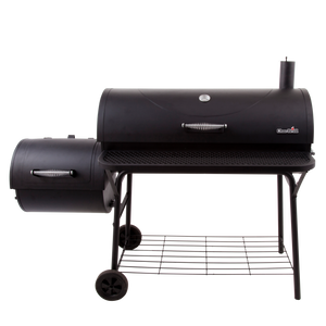 Char-Broil offset smoker and grill with side firebox, front shelf, and bottom storage rack, shown on wheels.