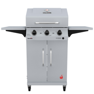 Silver Char-Broil Performance gas grill with three burners and side shelves.