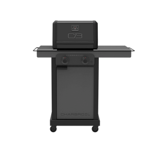 Black Char-Broil commercial-grade gas grill with control knobs and side shelves.