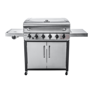 Stainless steel Char-Broil gas grill with six control knobs, side burner, storage cabinet, and side shelf.