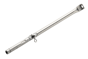Stainless steel gas grill burner tube with vent holes, mounting bracket, and securing pin. Long, cylindrical shape.