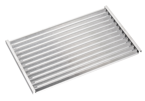 Stainless steel baking rack with parallel slats and perforations, ideal for cooling or baking. Durable and easy to clean.