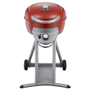 Char-Broil red electric grill with lid, control knob, and wheeled stand, shown from the front.