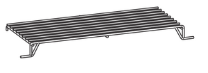 Metal slatted bench with angled legs and open sides, suitable for outdoor or indoor seating.