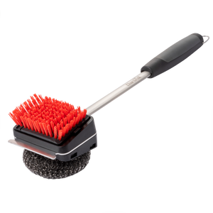 Red Char-Broil grill brush with metal bristles and steel scrubber.