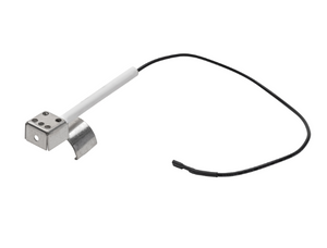 Metal gas furnace igniter with a white ceramic base and black wire, used for ignition in heating systems.