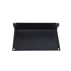 Black metal rack shelf with mounting holes and brackets.