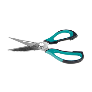 Teal and black ergonomic scissors with textured handles.