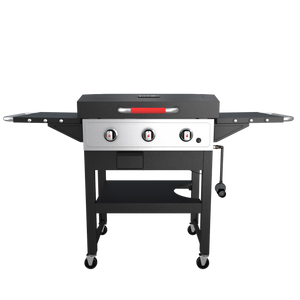 Char-Broil 3-burner gas grill with side shelves, control knobs, storage shelf, and wheels for easy mobility.