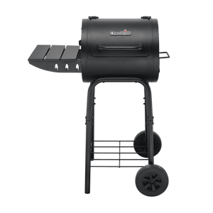 Char-Broil black barrel charcoal grill with side shelf, wheels, and lower storage rack.