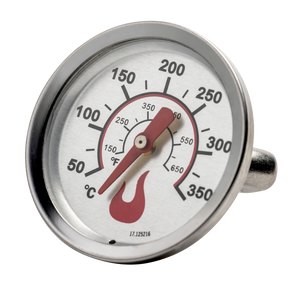 Round metal grill thermometer with dual Celsius and Fahrenheit scales, red flame icon, and clear temperature markings.