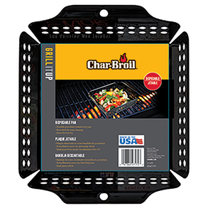 Black Char-Broil Grillitup disposable pan with food cooking.