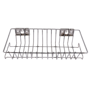 Silver metal dish drying rack with curved supports.