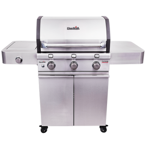 Stainless steel Char-Broil gas grill with three main burners, side burner, and storage cabinet, on locking caster wheels.