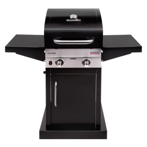 Char-Broil Performance Series 2-burner gas grill with side shelves and cabinet storage, shown in black and stainless steel.