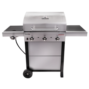 Stainless steel Char-Broil gas grill with three burners, side burner, and two side shelves for prep space.