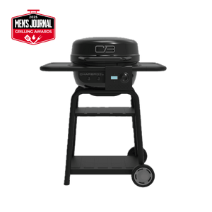 Black Char-Broil electric grill with control panel and wheels.