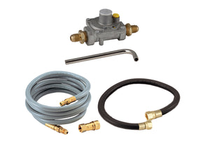 Silver gas regulator with brass fittings, hoses, and wrench.