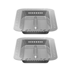 Gray plastic grill basket with vented sides and divider.