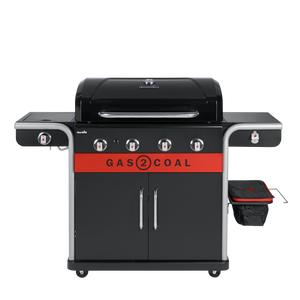 Char-Broil Gas2Coal grill, black and red, with four burners, side shelves, and storage cabinet.