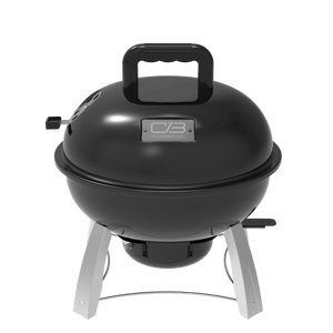 Char-Broil portable charcoal grill with a round black lid, sturdy handle, and silver legs for outdoor cooking.