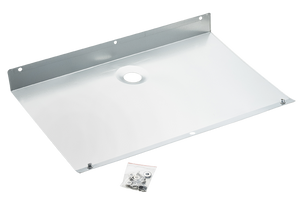 White metal drip tray with central drain hole and mounting hardware, used for spill containment under appliances.