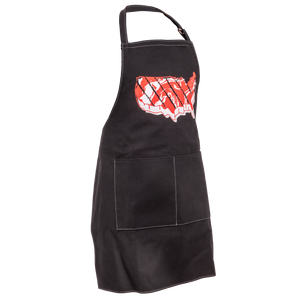 Black apron with red and white meat graphic, featuring two front pockets.