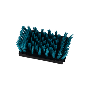 Blue artificial grass in black tray, synthetic turf display.