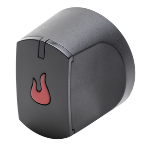 Black grill knob with a red flame icon, rounded shape, textured sides, easy-grip design for gas grills.