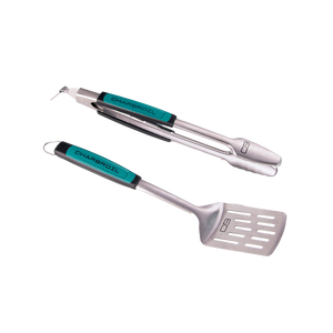 Silver Char-Broil tongs and spatula set with teal handles.