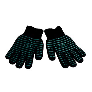 Pair of black heat-resistant grilling gloves with green grip stripes, designed for safe handling of hot grill items.