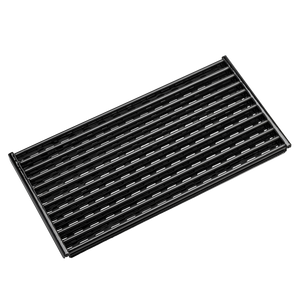 Rectangular black grill grate with parallel metal bars, ideal for grilling food evenly on a barbecue.