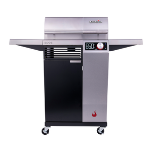 Char-Broil EDGE electric grill with digital temperature display, stainless steel finish, and side shelves.