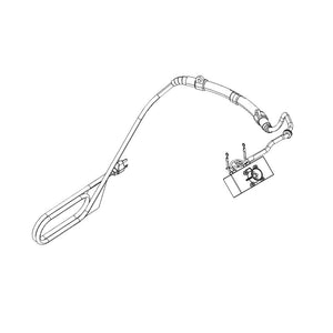 Line drawing of a bike rear derailleur with cable and mounting bracket, showing key connection points and mechanical parts.