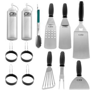 White Char-Broil grilling tools set with spatulas, tongs, and egg rings.