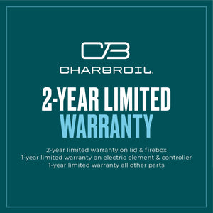 Green Char-Broil product with 2-year limited warranty on lid and firebox, 1-year on electric elements.