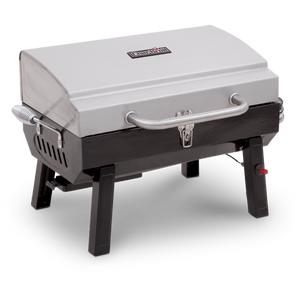 White Char-Broil portable gas grill with black base and silver handles.