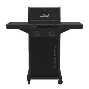 Black Char-Broil Performance Series gas grill with control knobs and thermometer.